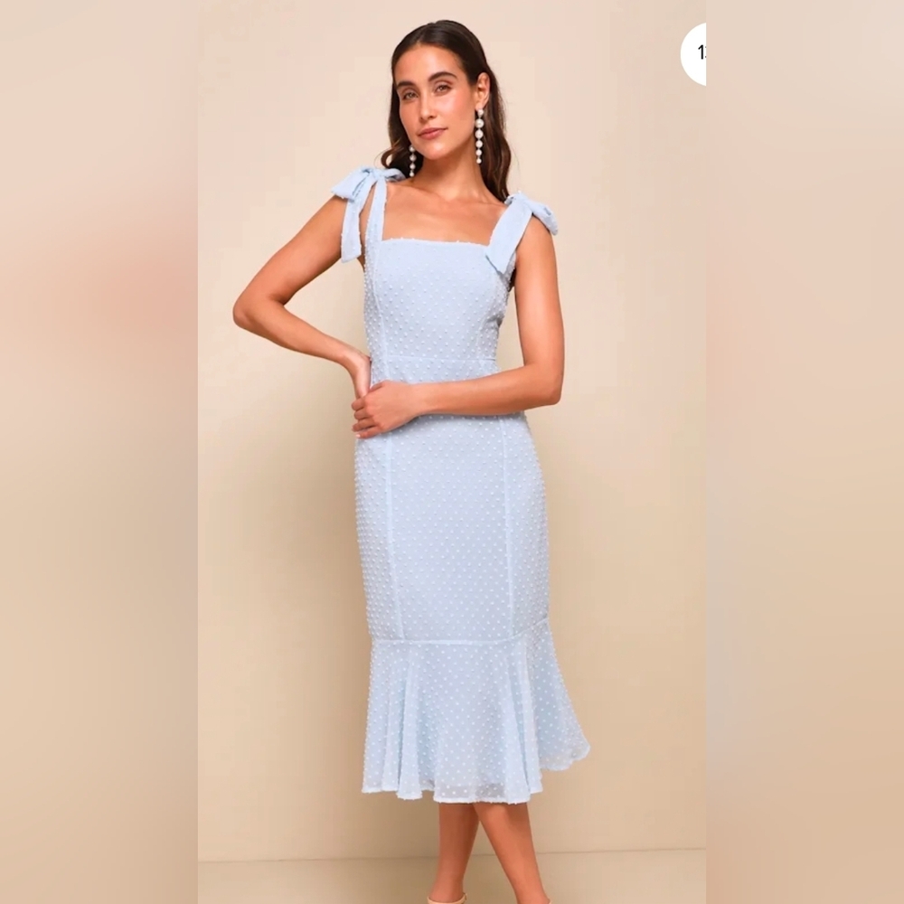 Lulu's Light Blue Swiss Dot Midi Dress with Tie Straps